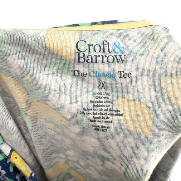 Croft & Barrow Classic Tee Women 2X Short Sleeve Blue Cotton Lemons Floral Shirt - Picture 10 of 11
